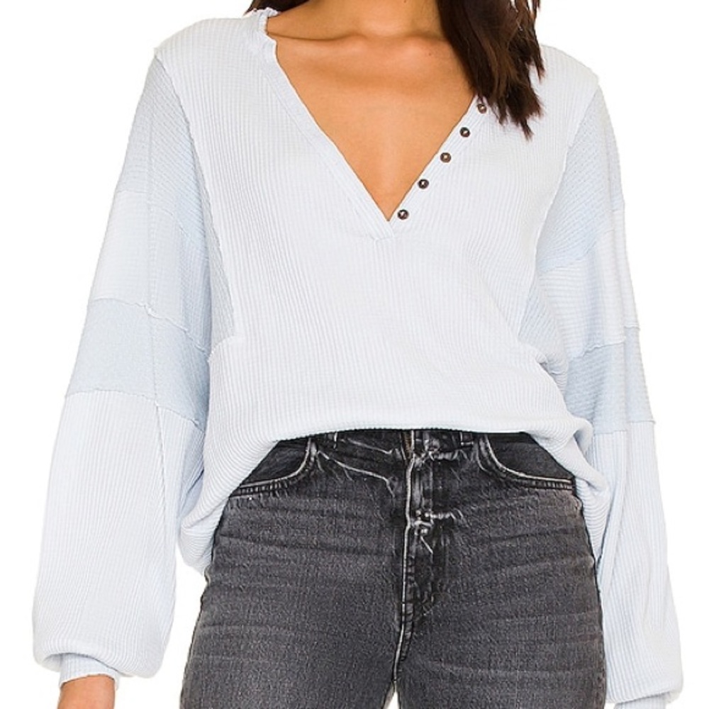Free People Callisto Thermal Balloon Sleeve Henley in Iced Water